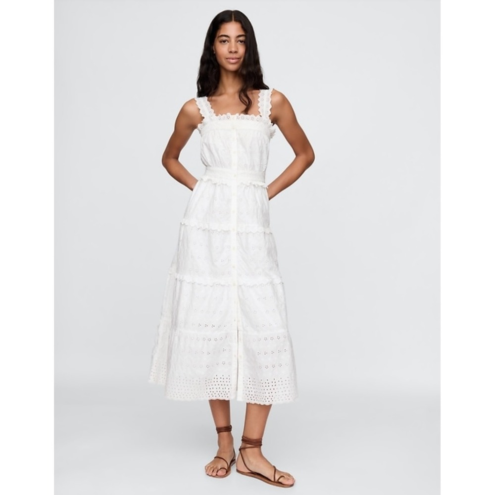 New Gap x Doen Dress Large Eyelet Milkmaid Button Front Cottage Tiered White